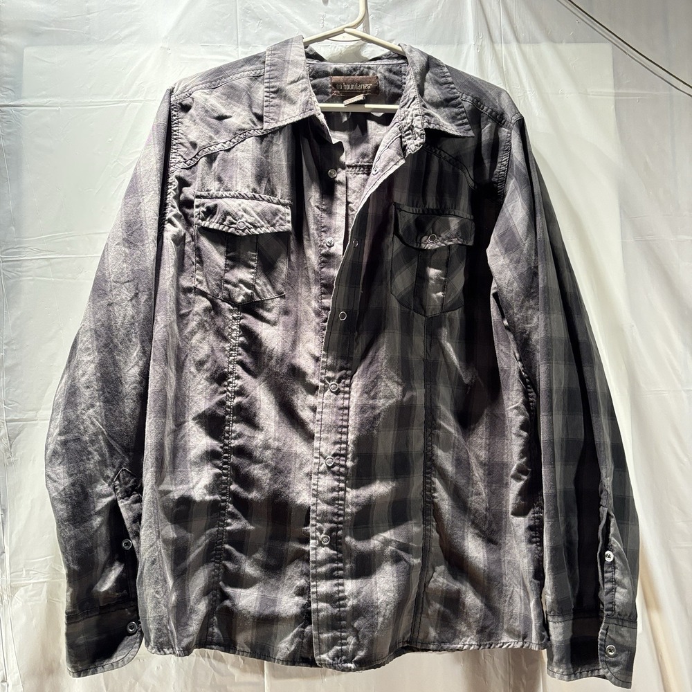 No Boundaries Shirt Adult‎ XL Gray/ Black  Plaid Snap Button Up Western Mens